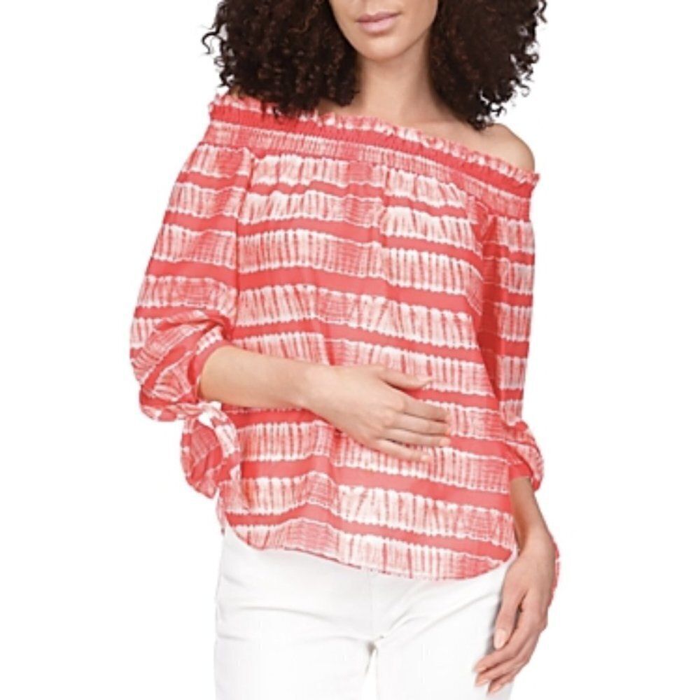 NWT MICHAEL Michael Kors Off-the-Shoulder Shibori Print Top in Sangria